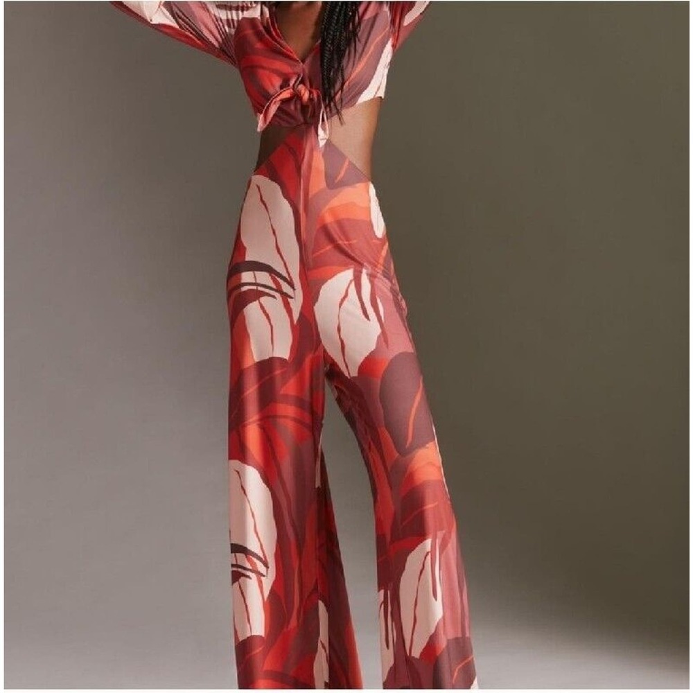 NWT $188 Anthropologie‎ HUTCH Large Jumpsuit Cut-out Red FLORAL Wide LEG Knotted